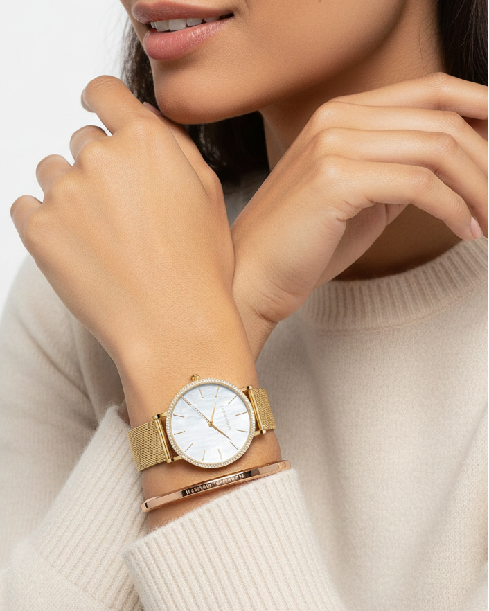Relógio Feminino Montreval Silver Core + Bracelete Feminino Rígido Gold Montreval