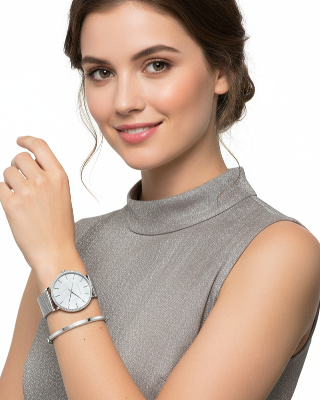 Relógio Feminino Montreval Silver Core + Bracelete Feminino Rígido Prata Montreval